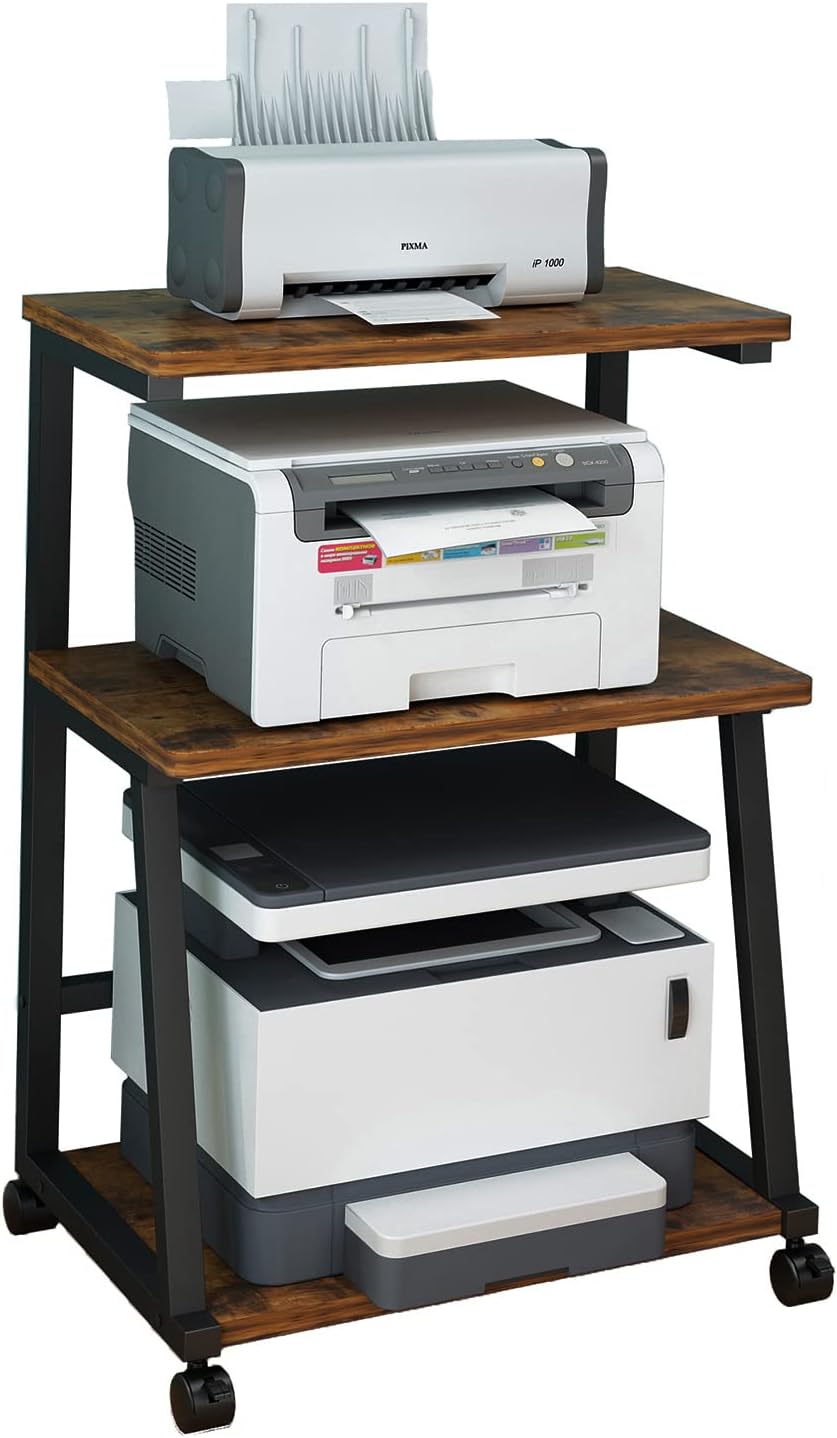 3-Tier Rolling Printer Stand Cart with Storage, Brown R2873