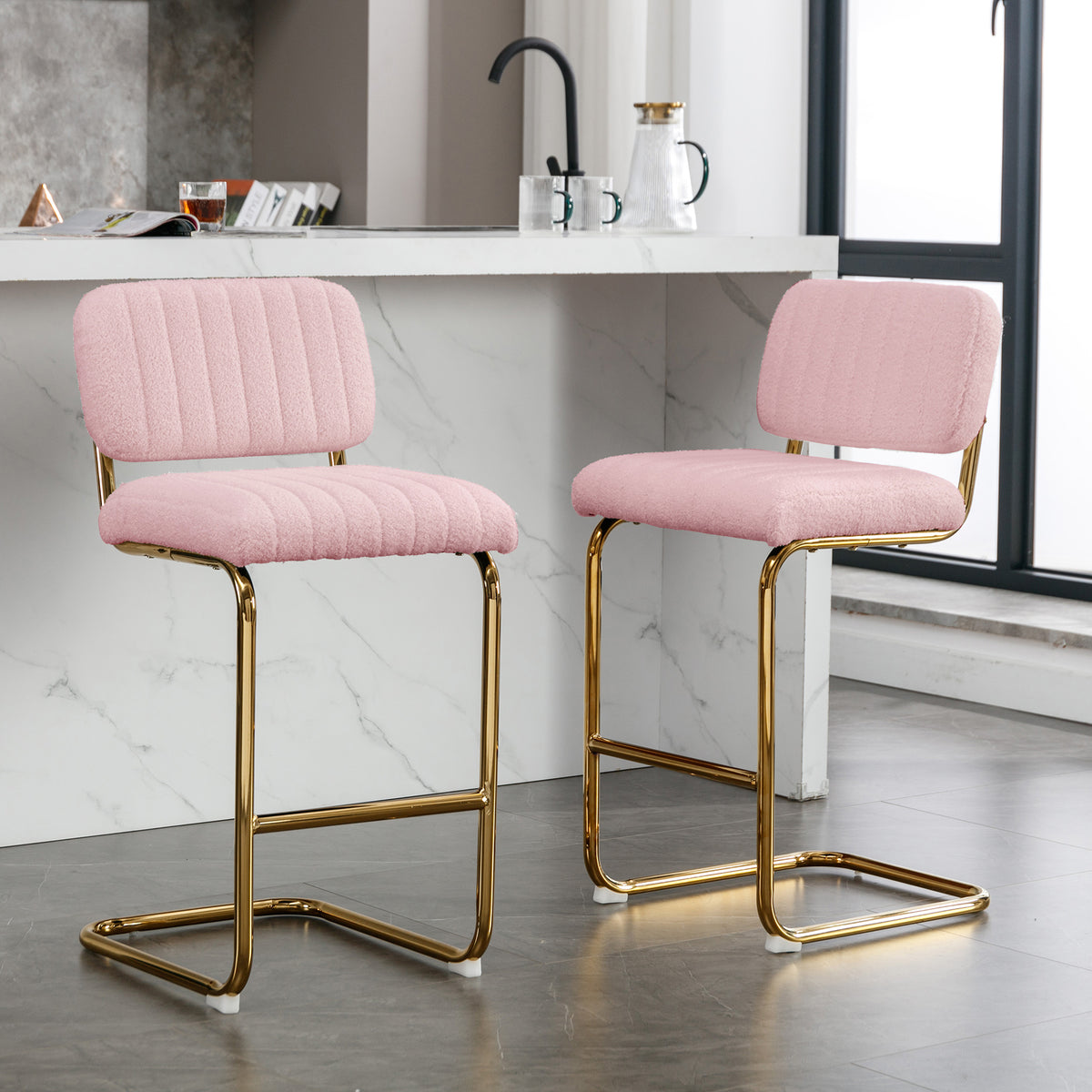 Pink Boucle Fabric Counter Height Bar Stools Set of 2 X4557