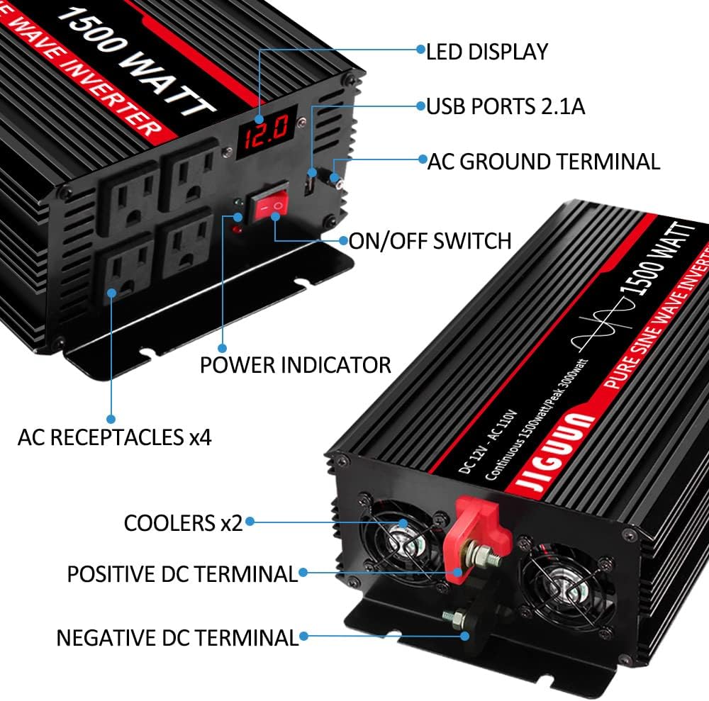 2000 Watt Pure Sine Wave Power Inverter 12V DC to 110V AC with 4 AC Outlets and USB Port C7866