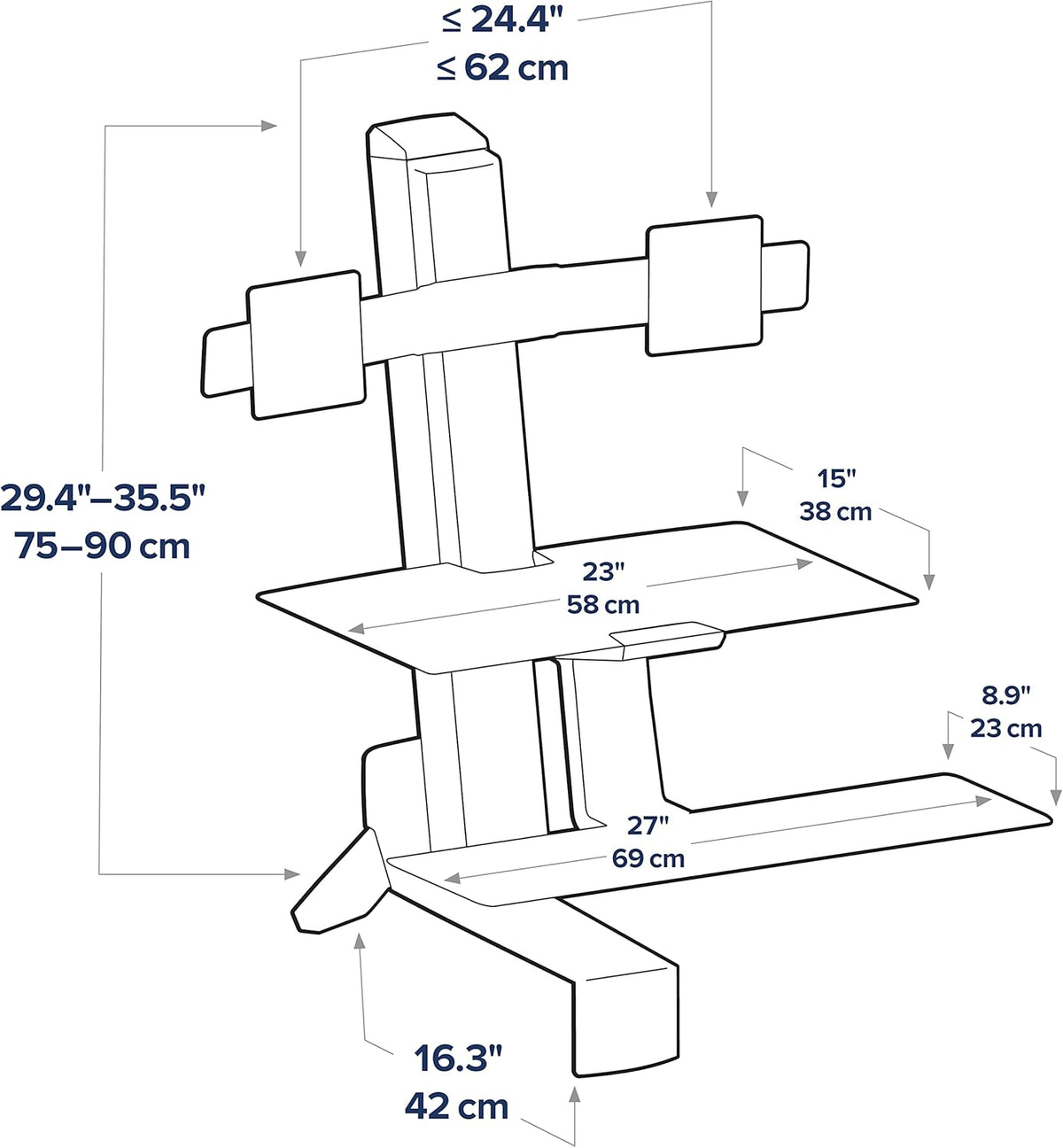 Black Sit Stand Dual Monitor Standing Desk Converter with Worksurface T968