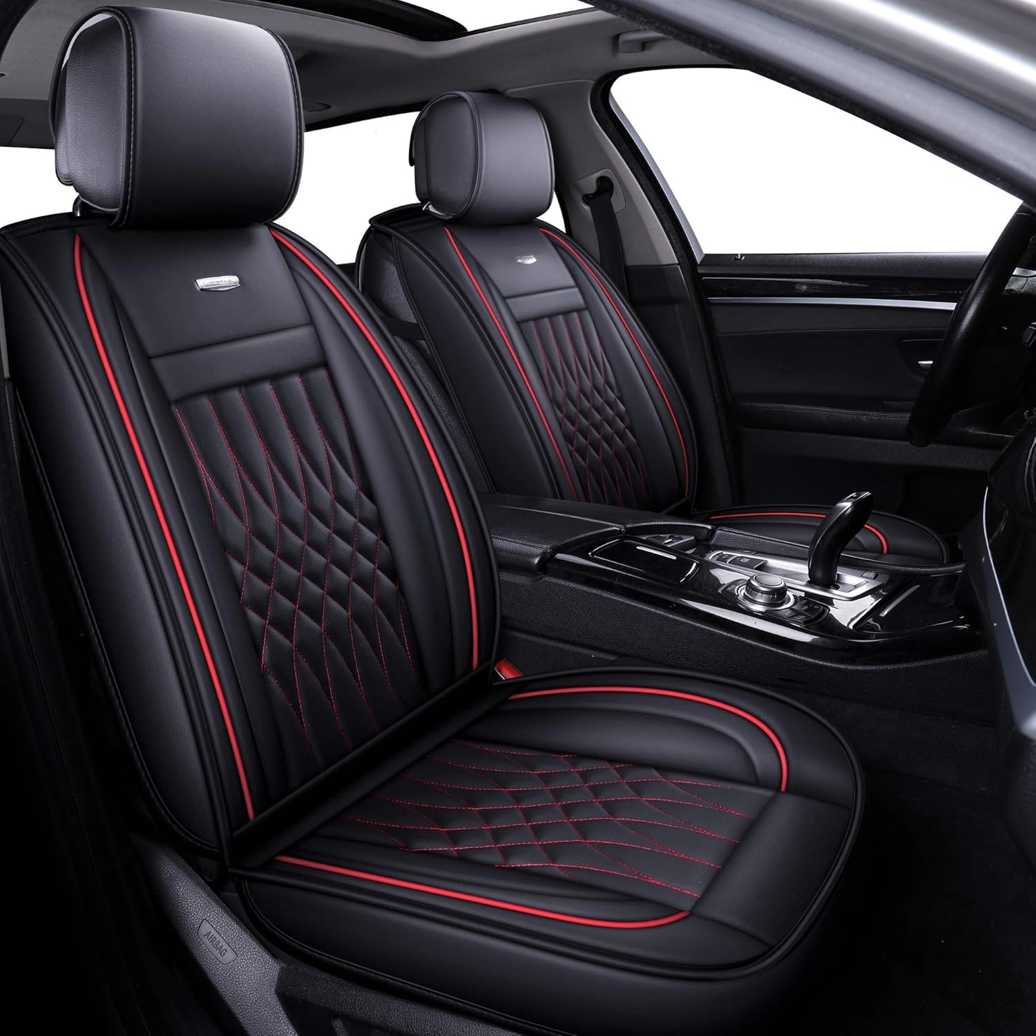 5 Car Seat Covers Full Set Waterproof Faux Leather Black&Red J777143