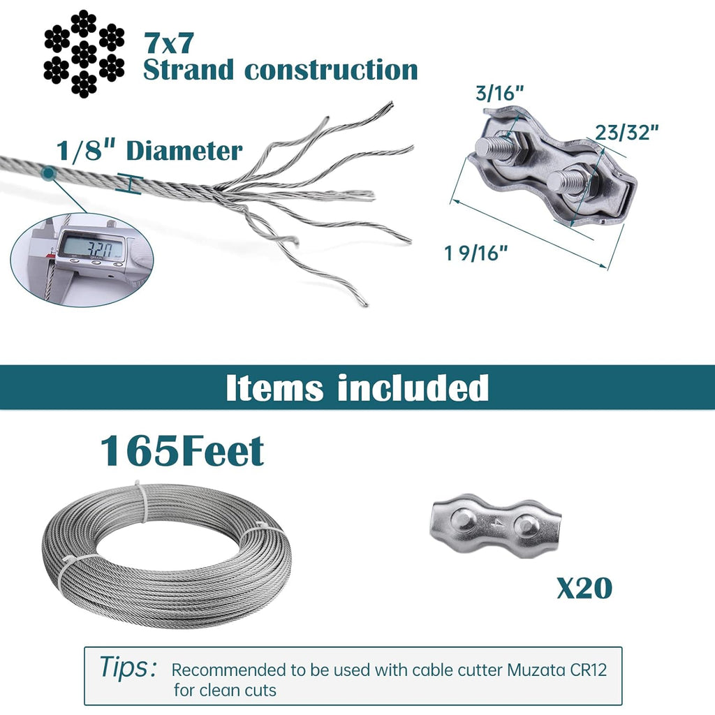 165Feet 1/8inch Stainless Steel Wire Rope Aircraft Cable Railing 7x7 Strand with 20Pack Locking X55874