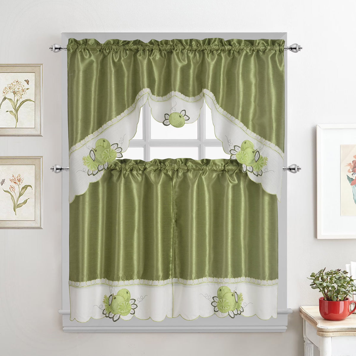 Green Fruit Embroidered 3-Piece Kitchen Curtain Tiers & Swag Set, 58x36 & 28x36 inches K154