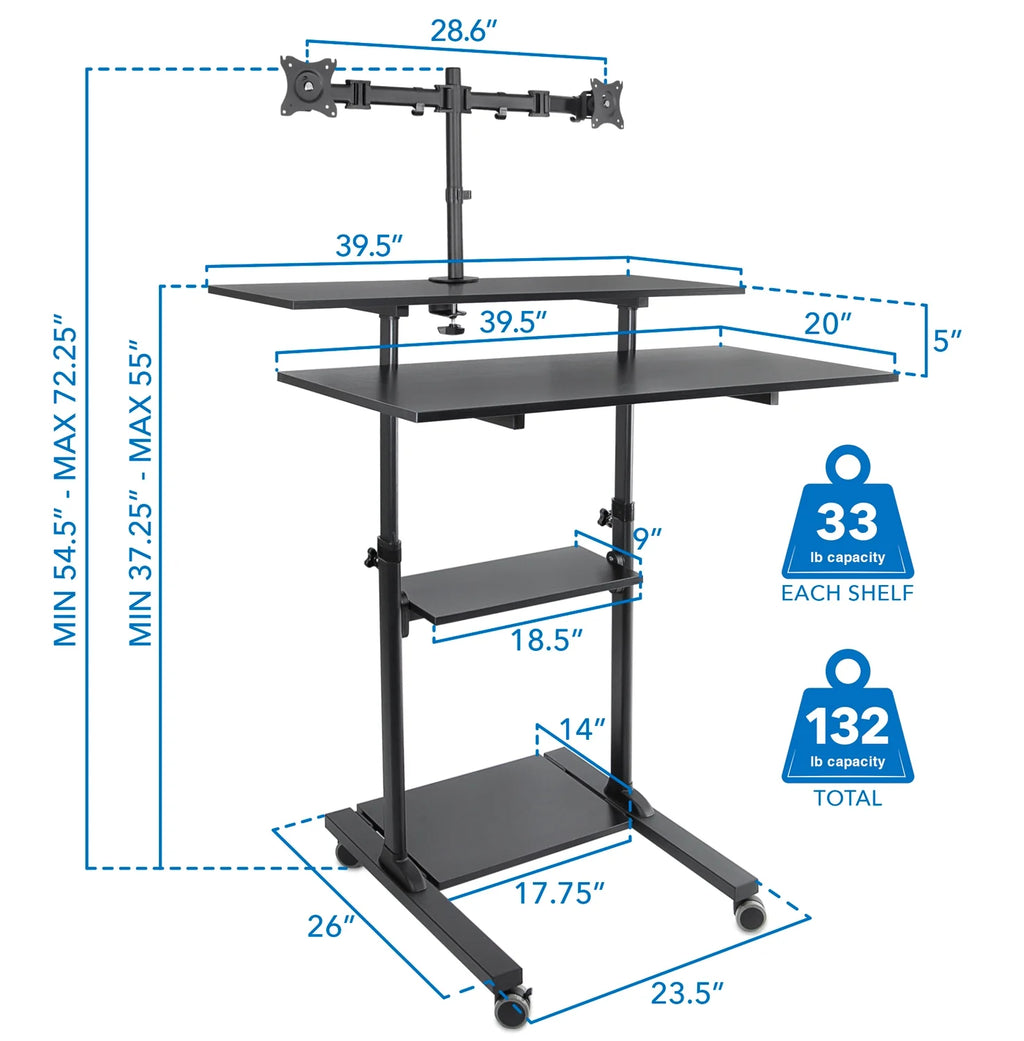 Black Mobile Standing Desk with Dual Monitor Mount Z217878