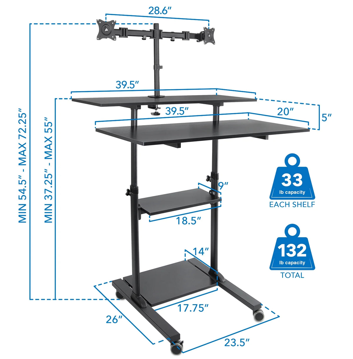 Black Mobile Standing Desk with Dual Monitor Mount Z217878
