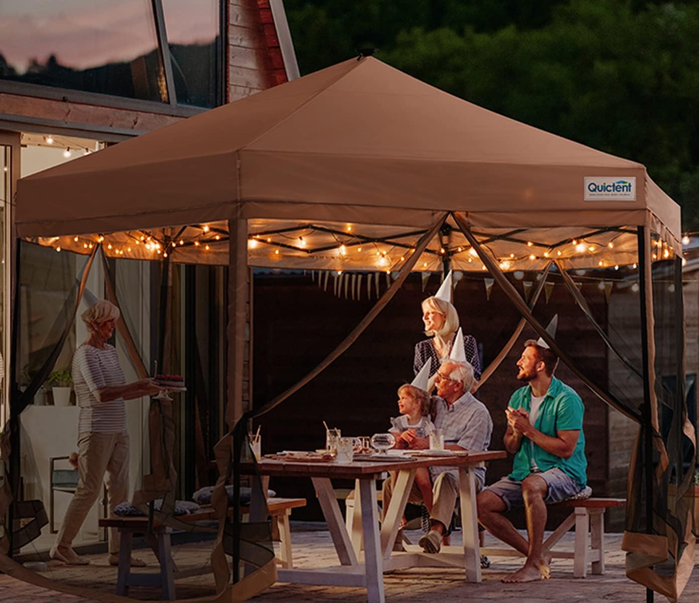 Beige Hexagonal Pop up Gazebo Tent with Mosquito Netting and LED Lights Q883