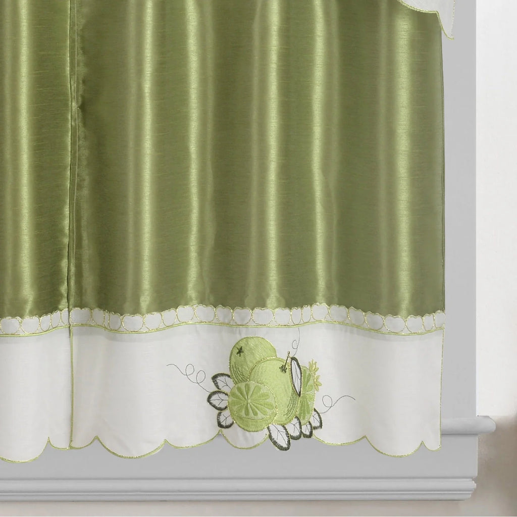 Green Fruit Embroidered 3-Piece Kitchen Curtain Tiers & Swag Set, 58x36 & 28x36 inches K154
