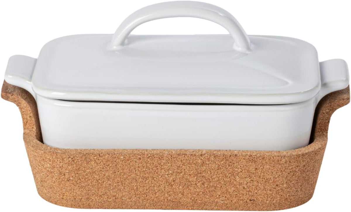 White Stoneware Rectangular Covered Casserole with Cork Tray A728