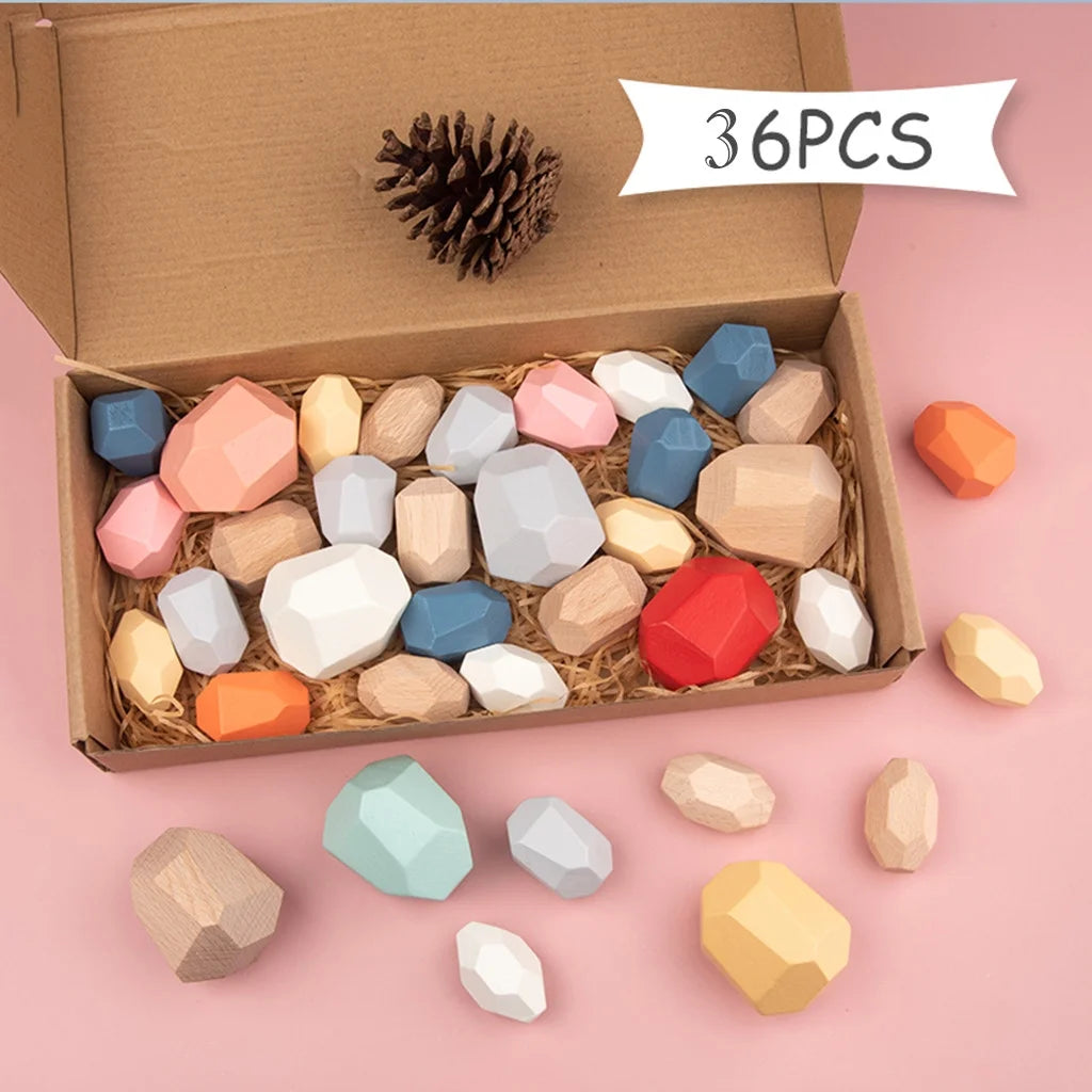 Wooden Stone Building Block Stacking Game Rainbow Toy 5PC V60966