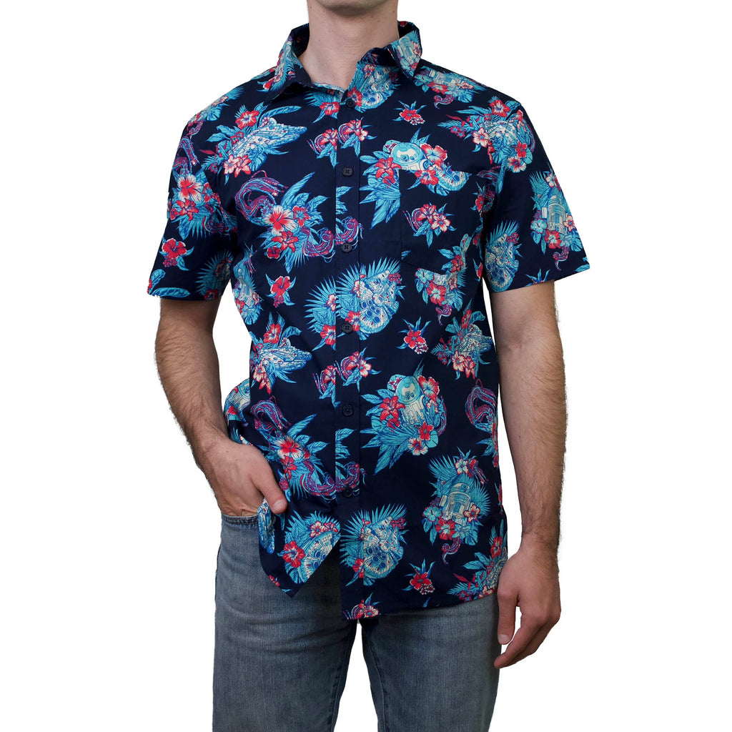 Navy Button Down Hawaiian Print Shirt Y3010