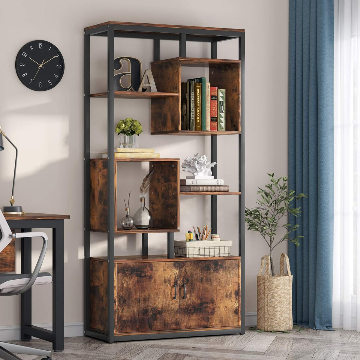 Vintage Industrial 4-Tier Bookcase with Door U7499