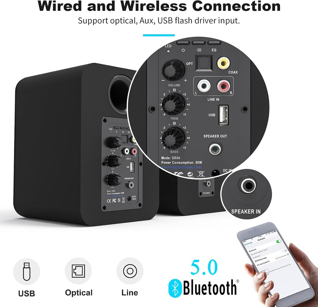 Bluetooth Bookshelf Active Speakers, 50W RMS, Pair, Black W578678
