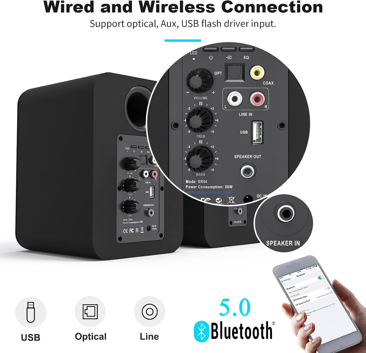 Bluetooth Bookshelf Active Speakers, 50W RMS, Pair, Black W578678