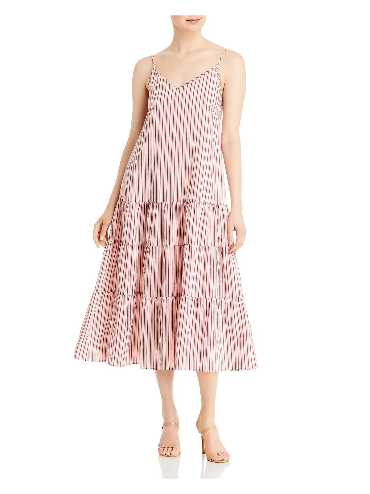 Beige Adjustable Pullover Tiered Skirt Striped Spaghetti Strap V Neck Midi Shift Dress Y12510