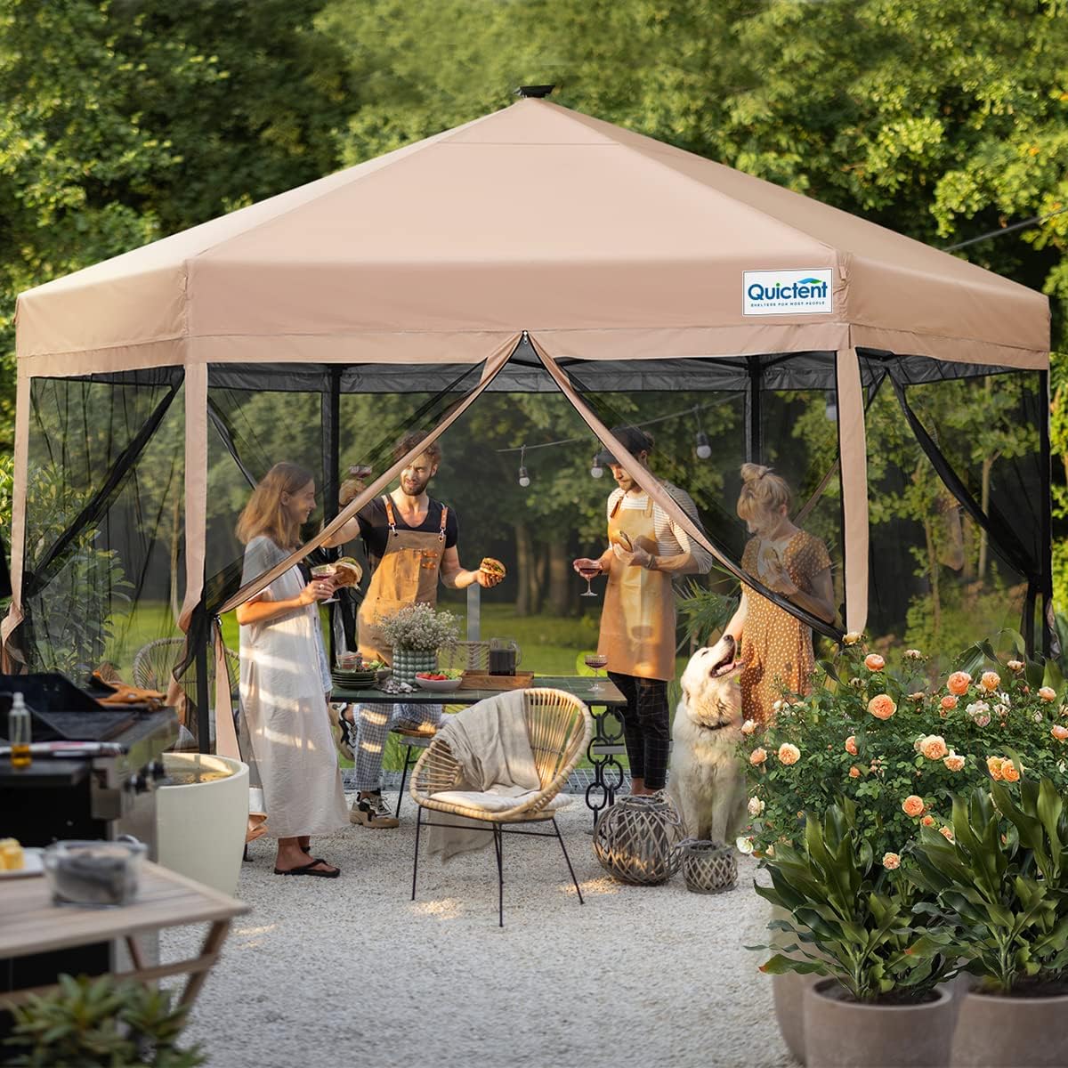 Beige Hexagonal Pop up Gazebo Tent with Mosquito Netting and LED Lights Q883