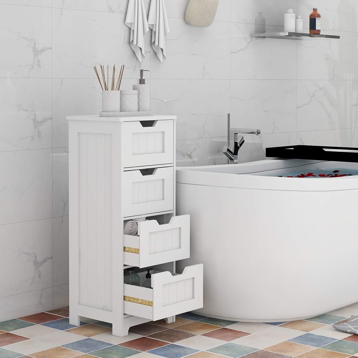 White Freestanding Storage Cabinet with 4 Drawers H21231