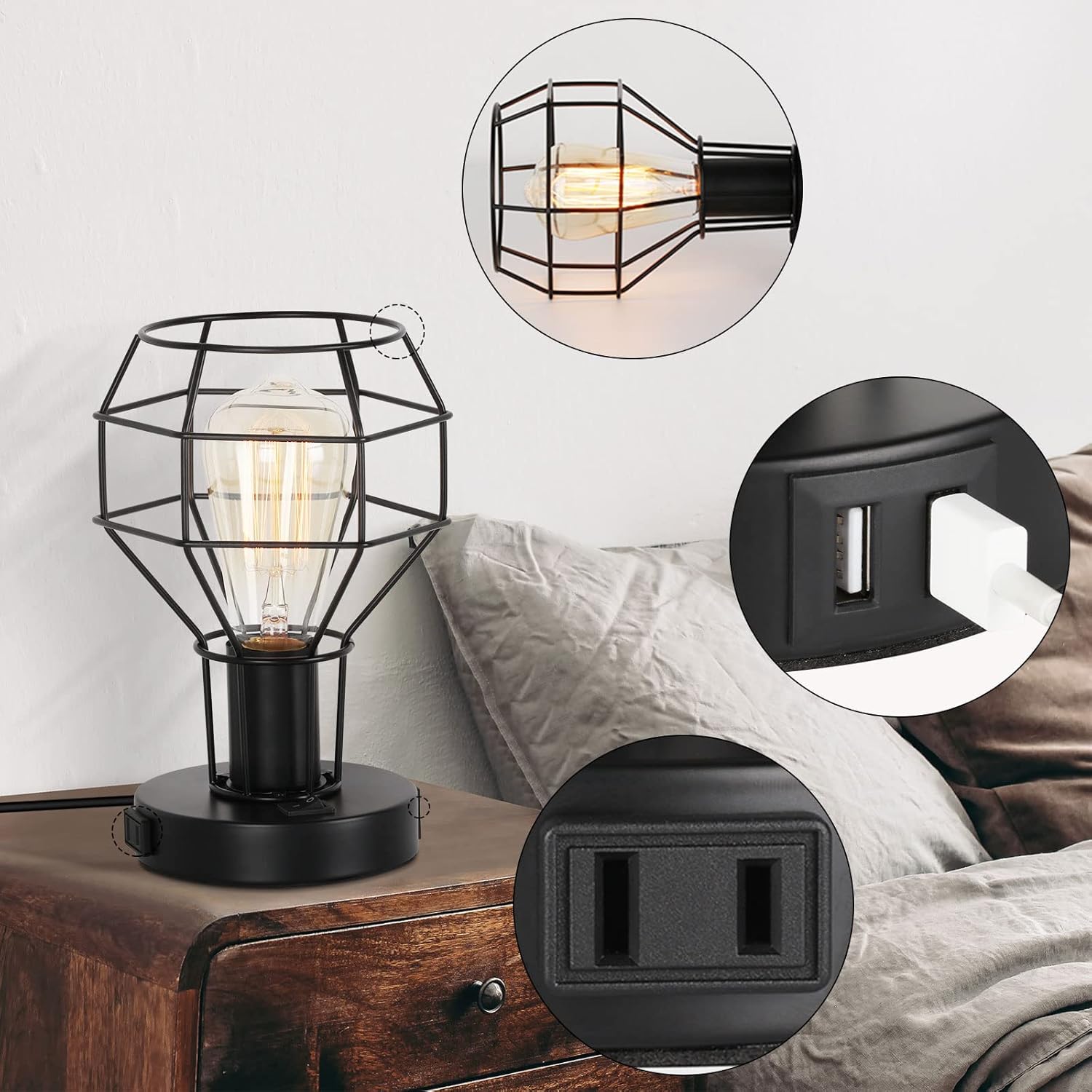 Black Industrial Table Lamp with USB Ports and AC Outlet X1084
