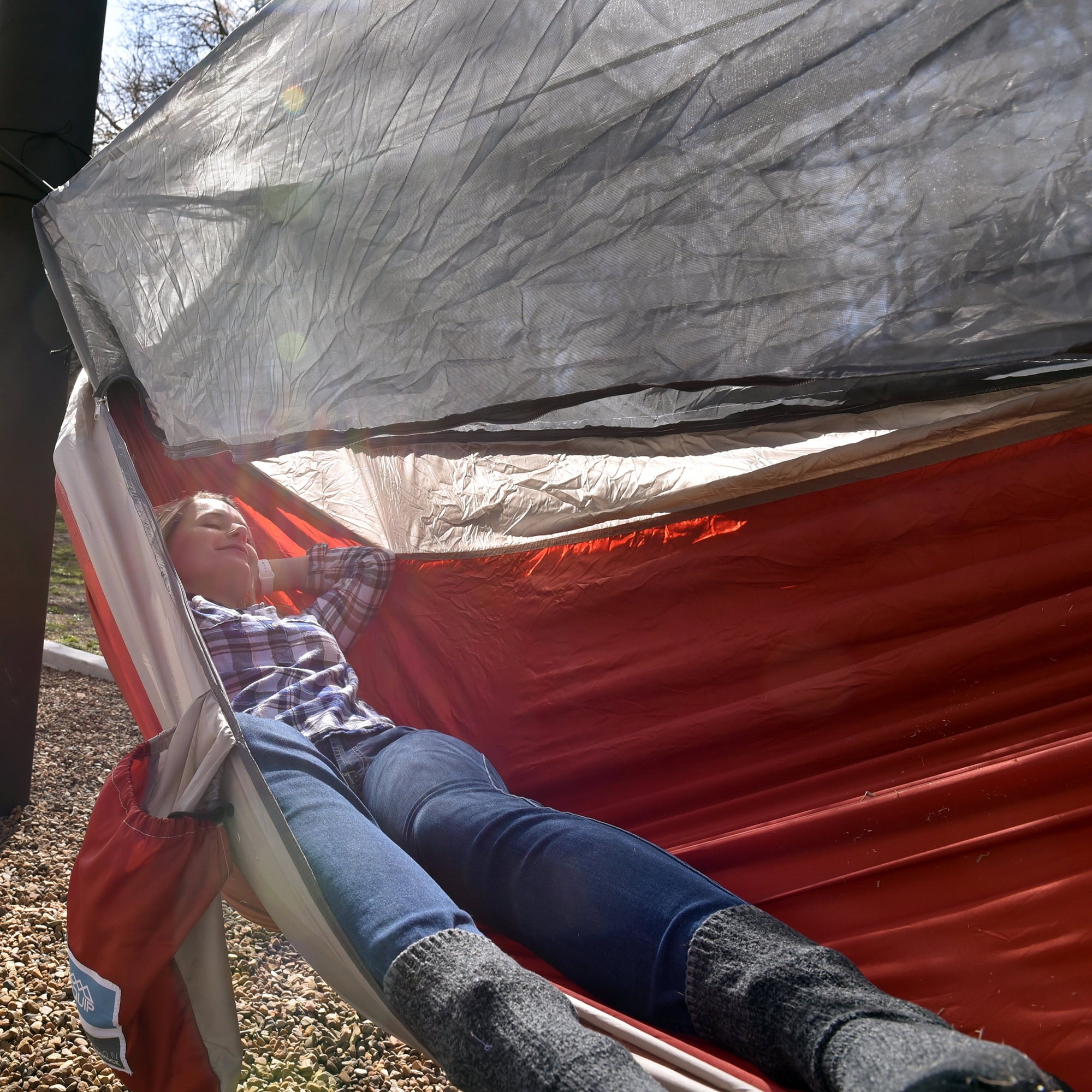 Nylon Mosquito Hammock with Attached Bug Net, 1 Person Red and Taupe, 115" L x 59" W M245794