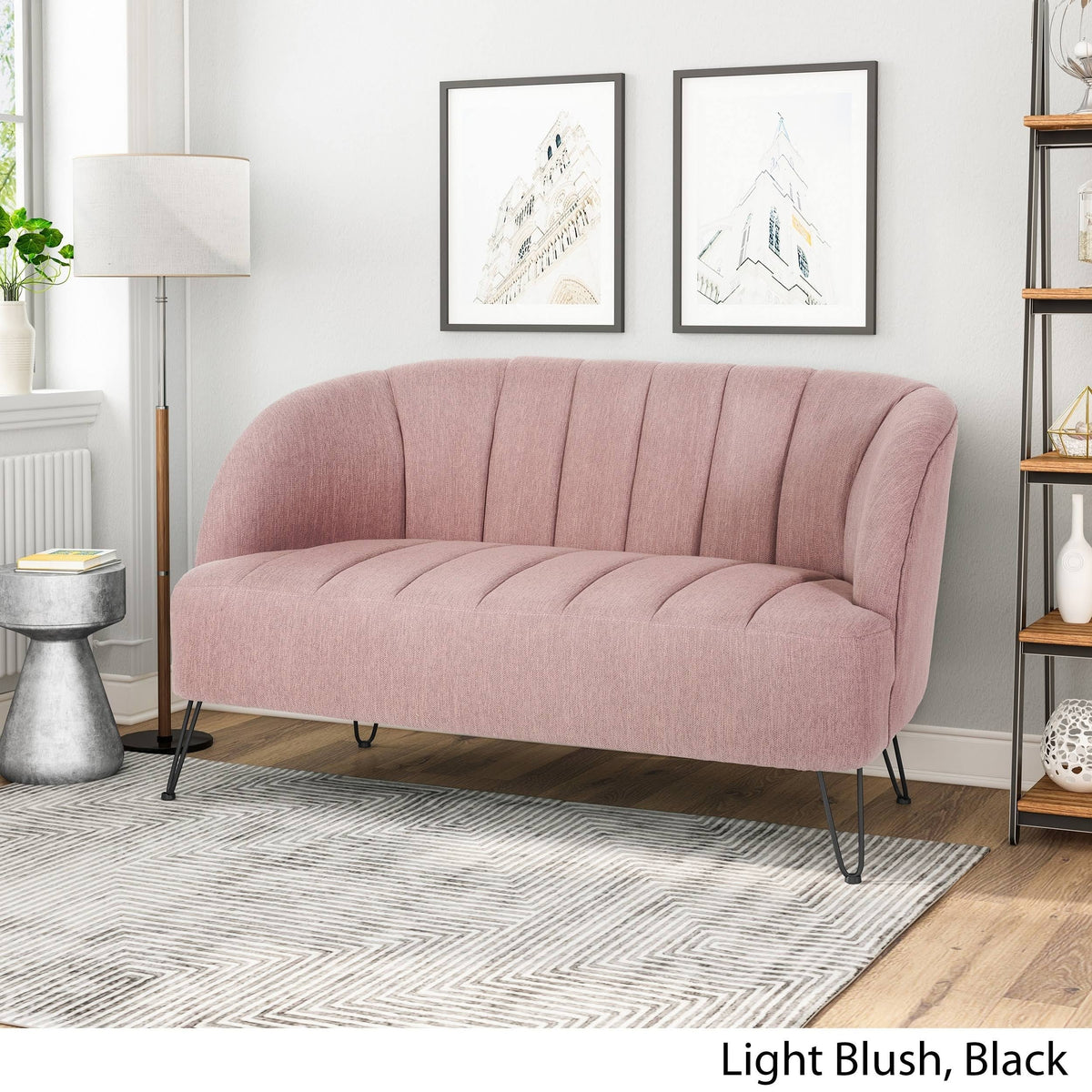 Light Blush Polyester Fabric Loveseat with Hairpin Legs Y263509