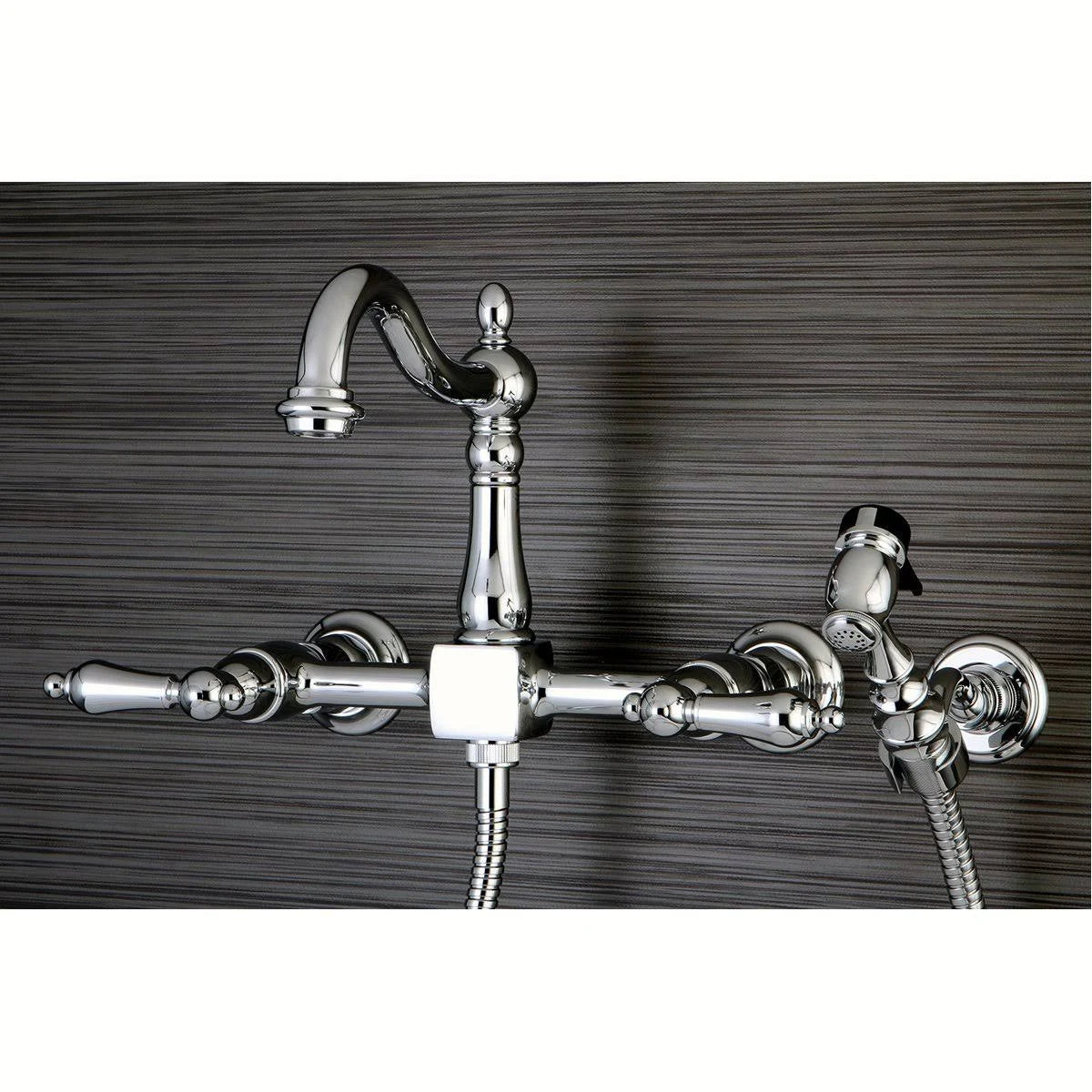 Polished Brass Wall Mount Bridge Kitchen Faucet with Brass Sprayer N625