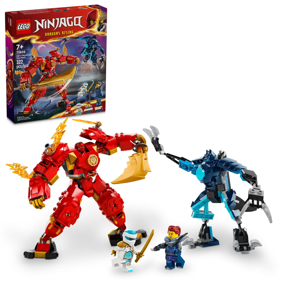 LEGO NINJAGO Kai’s Elemental Fire Mech Action Figure, Mini Ninja Toy with Red Ninja Figure plus Kai and Zane Minifigures, Adventure Set for Boys and Girls Ages 7 and Up B64118
