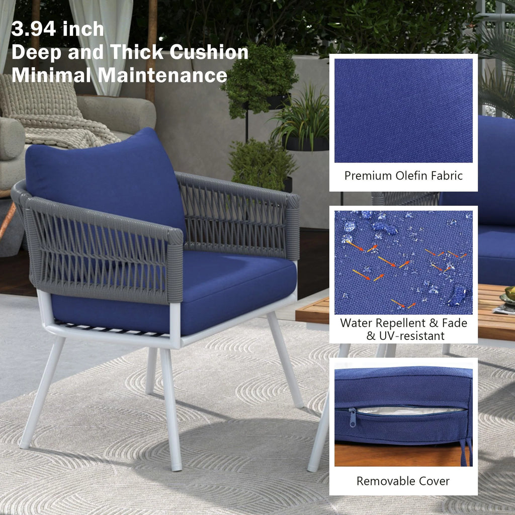4 Piece Navy Blue Outdoor Woven Rope Sofa Set with Acacia Wood Table X683