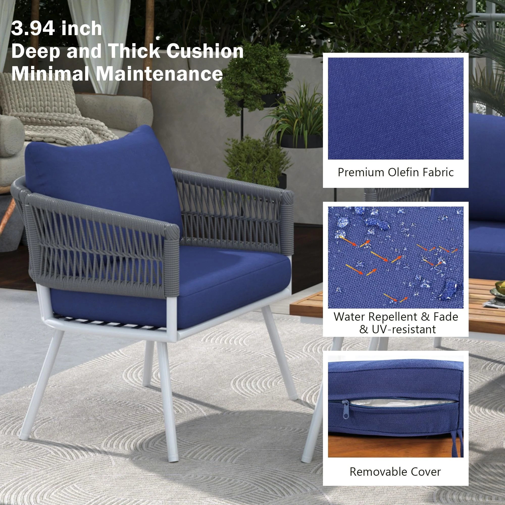 4 Piece Navy Blue Outdoor Woven Rope Sofa Set with Acacia Wood Table X683