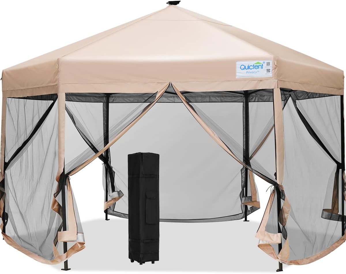 Beige Hexagonal Pop up Gazebo Tent with Mosquito Netting and LED Lights Q883