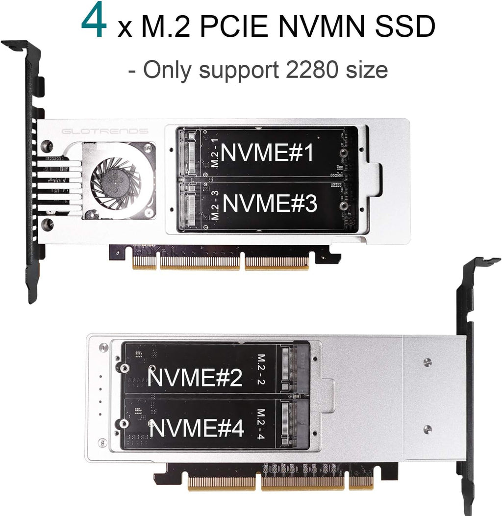 4-Bay M.2 NVME Adapter, PCIE 3.0 X8 Bandwidth, Full Aluminum Panel with Built-in Fan K2212