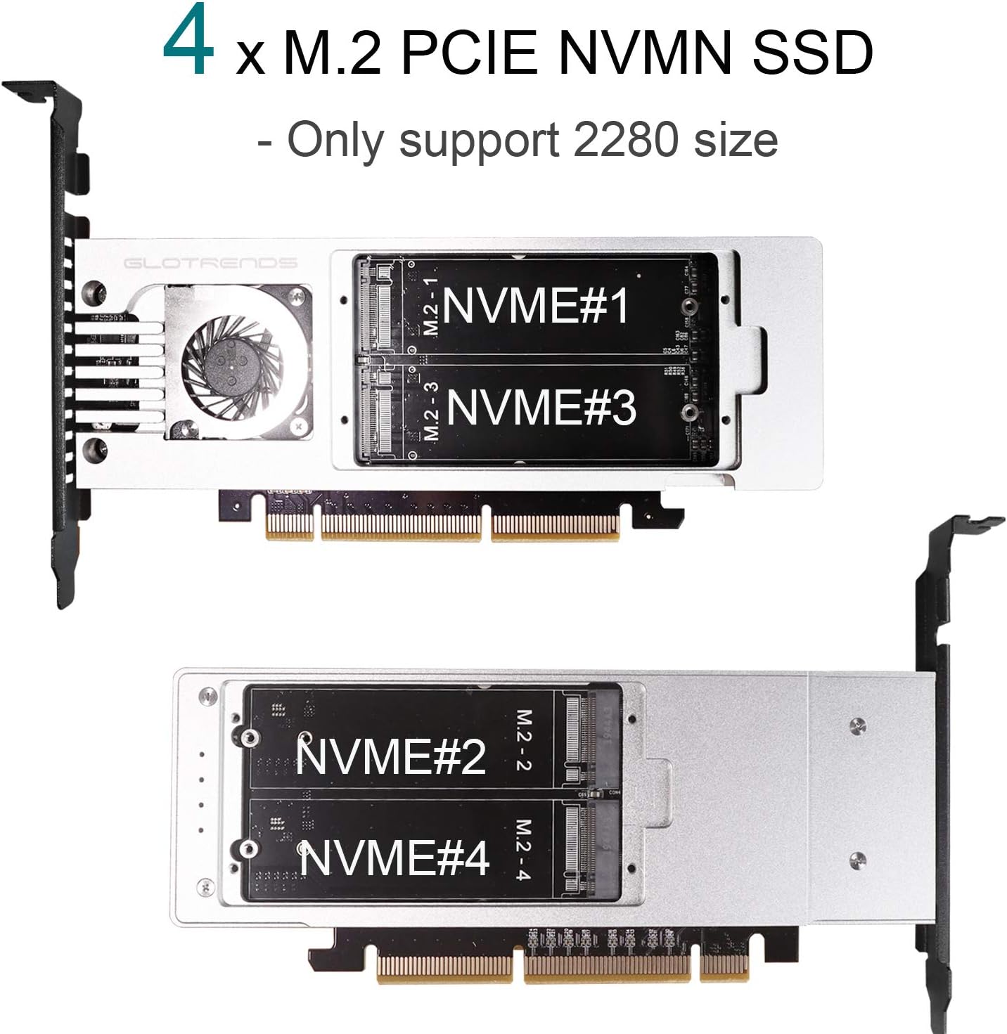 4-Bay M.2 NVME Adapter, PCIE 3.0 X8 Bandwidth, Full Aluminum Panel with Built-in Fan K2212