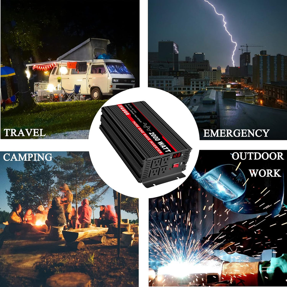 2000 Watt Pure Sine Wave Power Inverter 12V DC to 110V AC with 4 AC Outlets and USB Port C7866