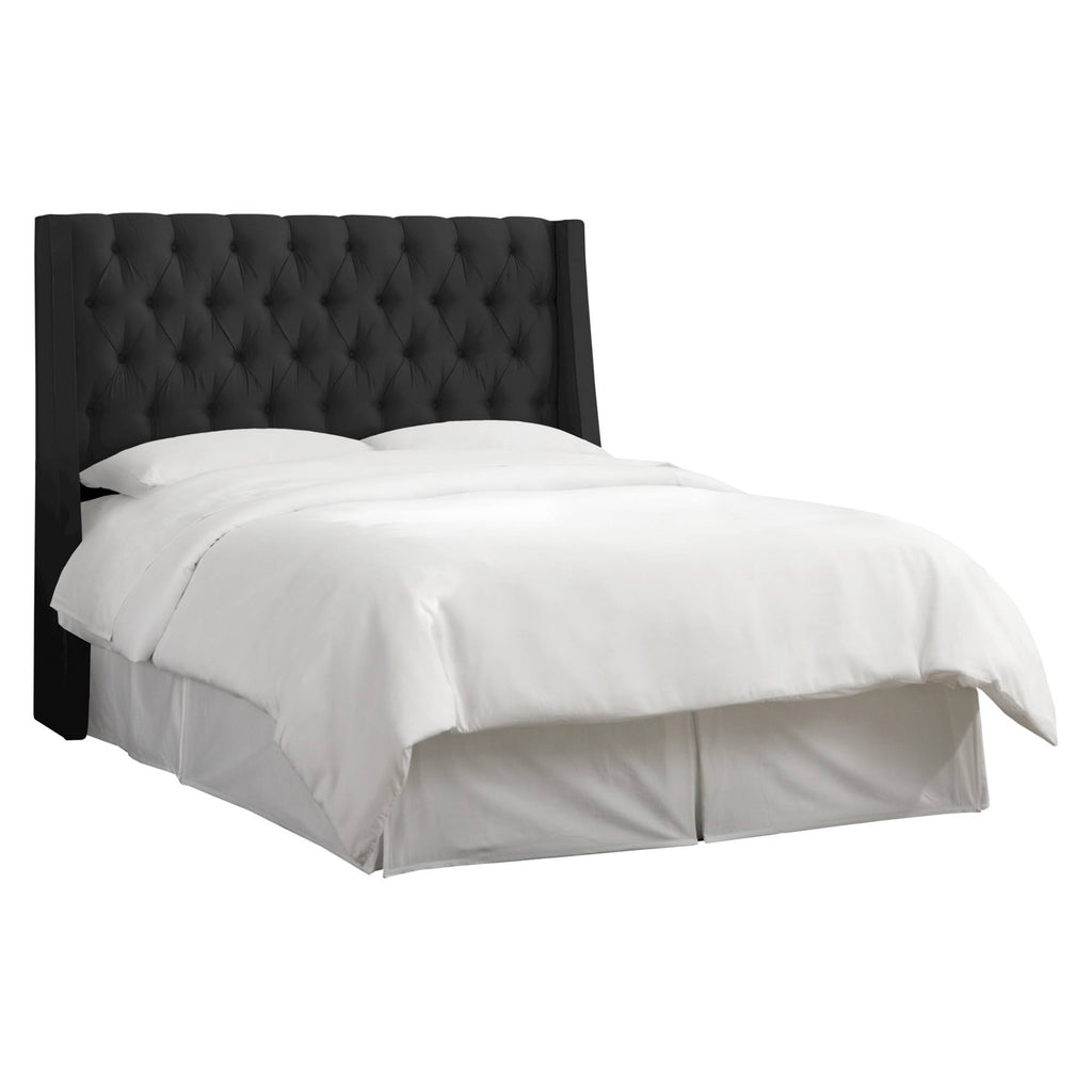 California King Tufted Wingback Headboard Faux Silk Black Q862676