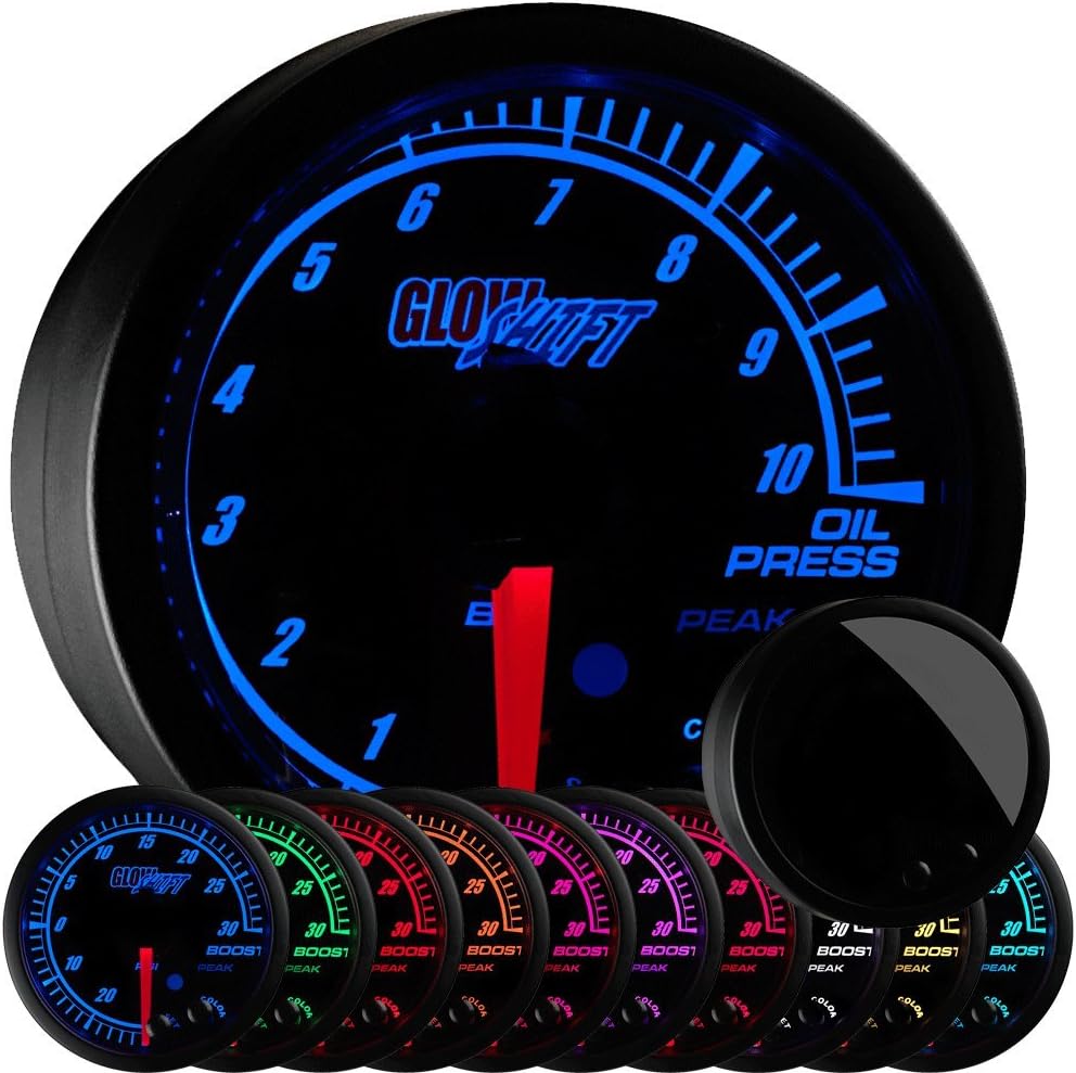 10 Color 10 BAR Oil Pressure Gauge Kit with Electronic Sensor, Black Dial, Tinted Lens, 52mm A686910