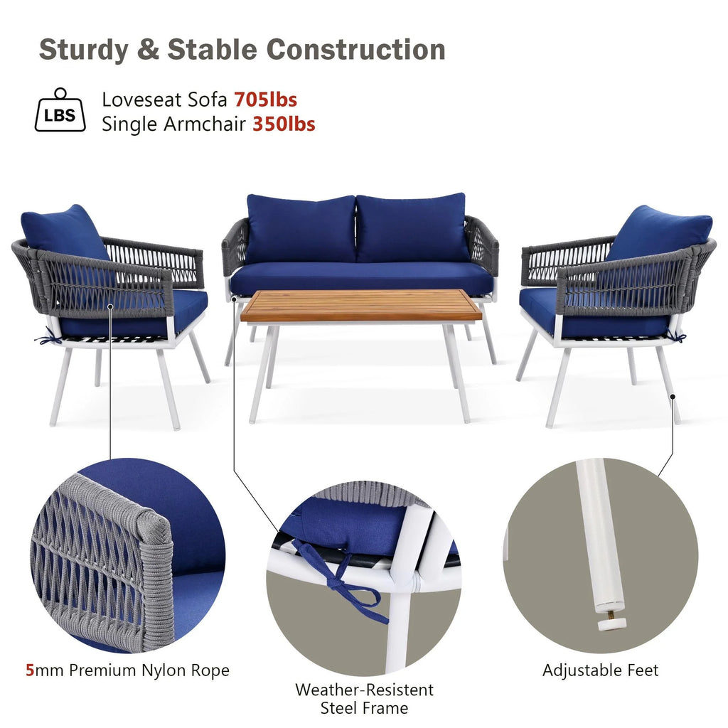 4 Piece Navy Blue Outdoor Woven Rope Sofa Set with Acacia Wood Table X683