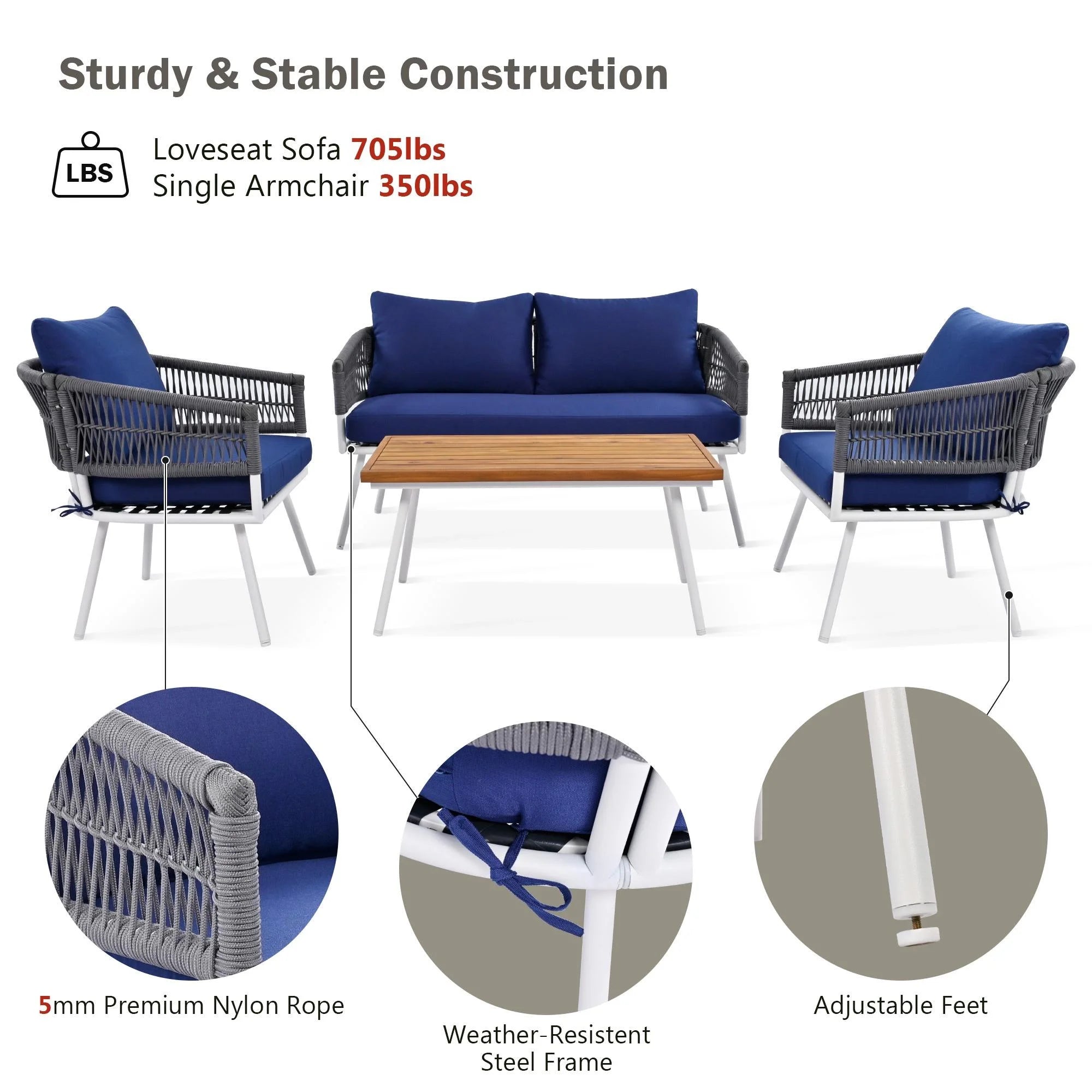4 Piece Navy Blue Outdoor Woven Rope Sofa Set with Acacia Wood Table X683