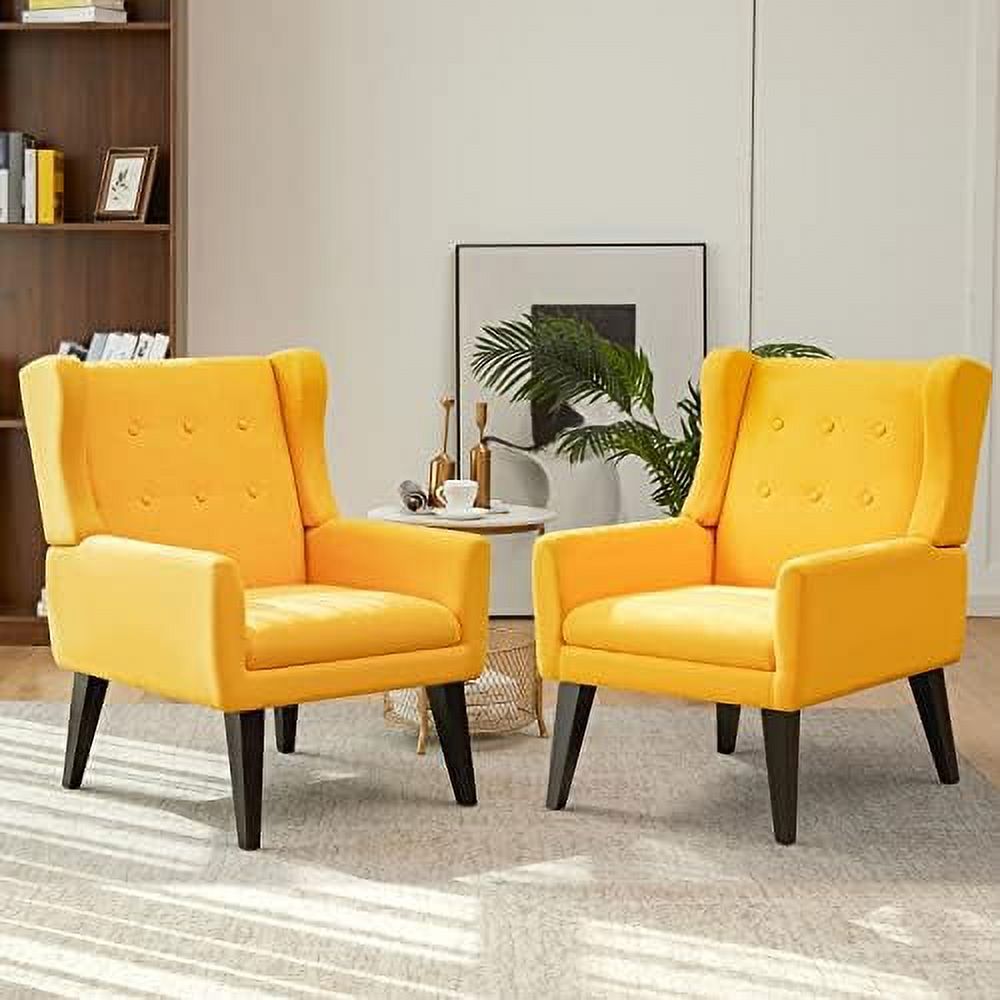 Yellow Upholstered Button Tufted Accent Chair with Wood Legs U790333