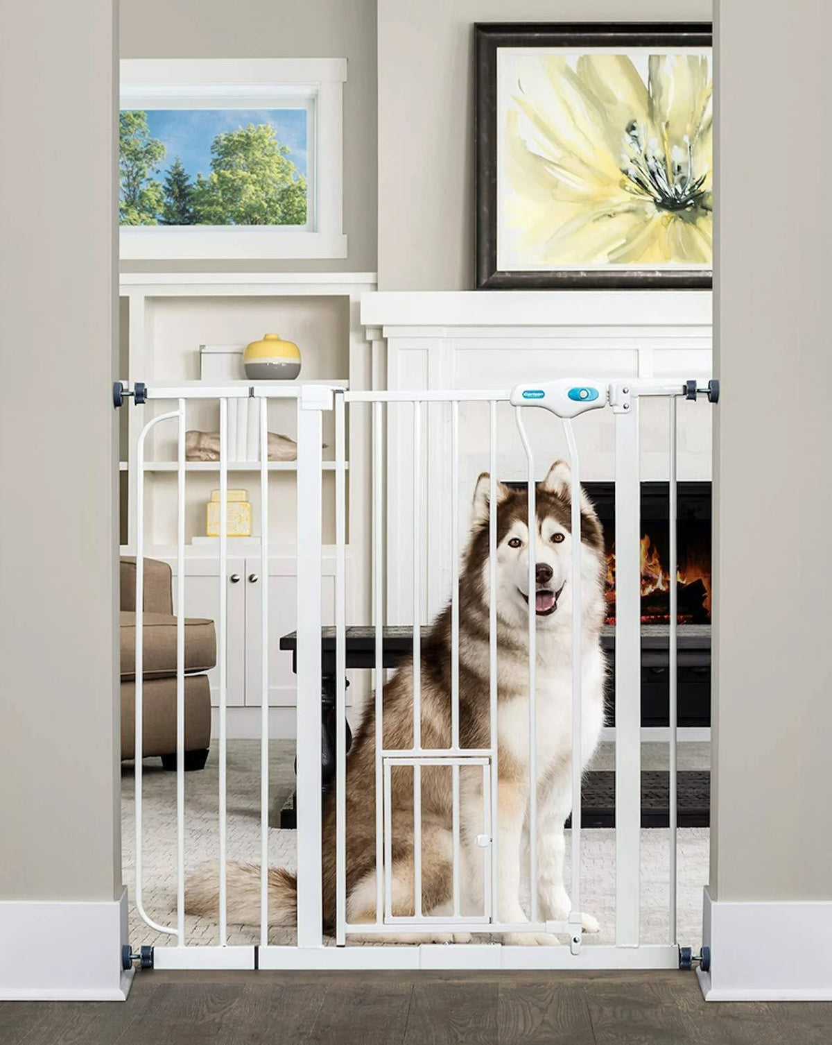 White Extra Tall Pet Gate with Small Pet Door N709293