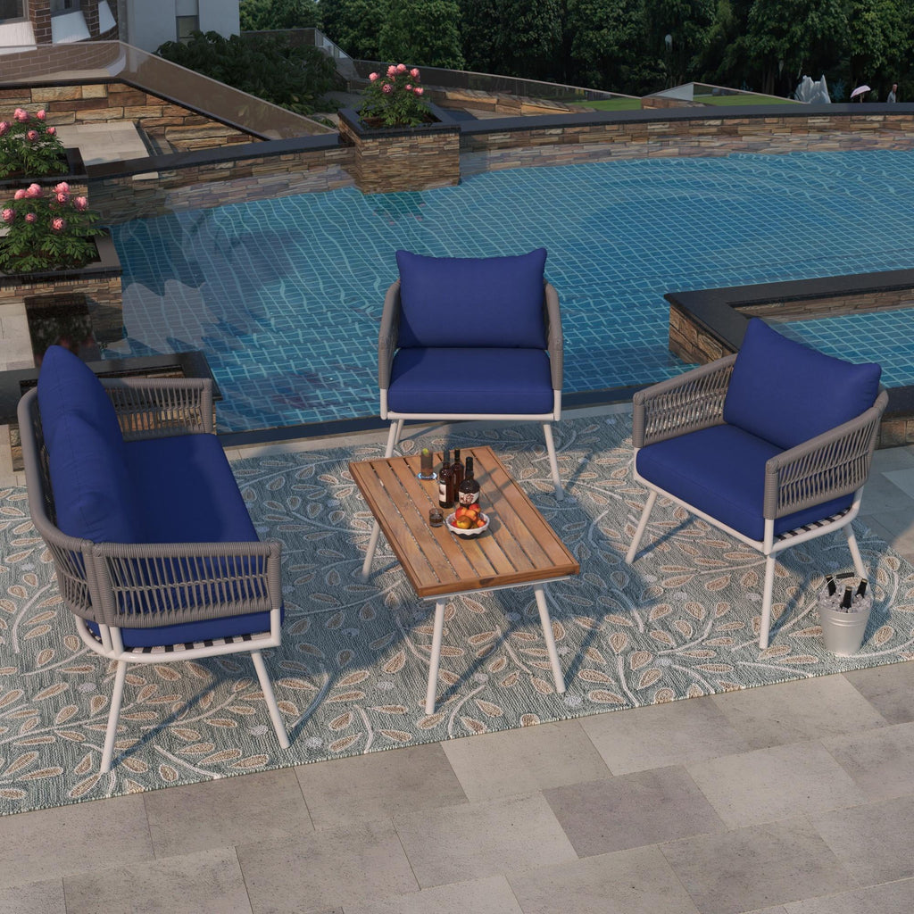 4 Piece Navy Blue Outdoor Woven Rope Sofa Set with Acacia Wood Table X683