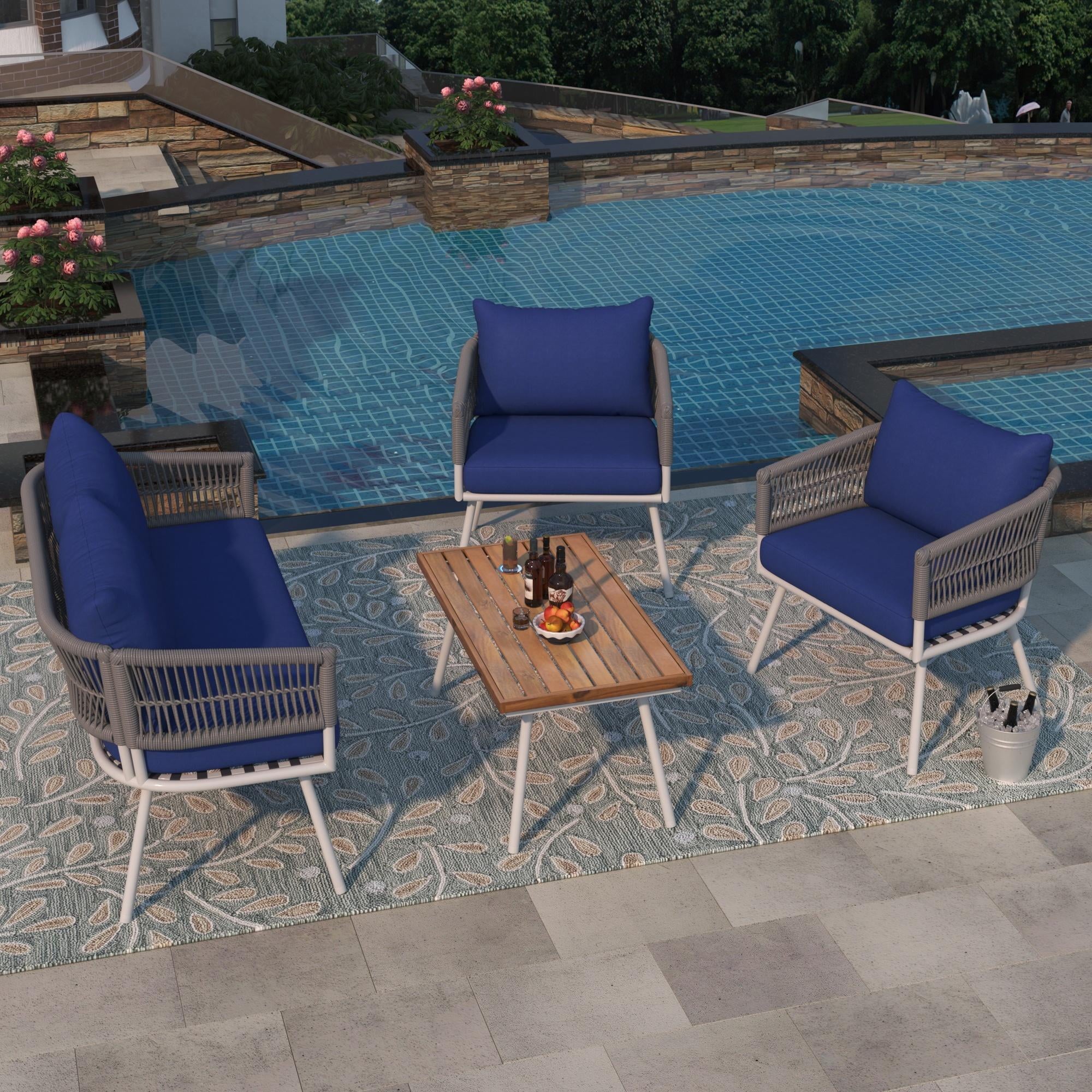4 Piece Navy Blue Outdoor Woven Rope Sofa Set with Acacia Wood Table X683