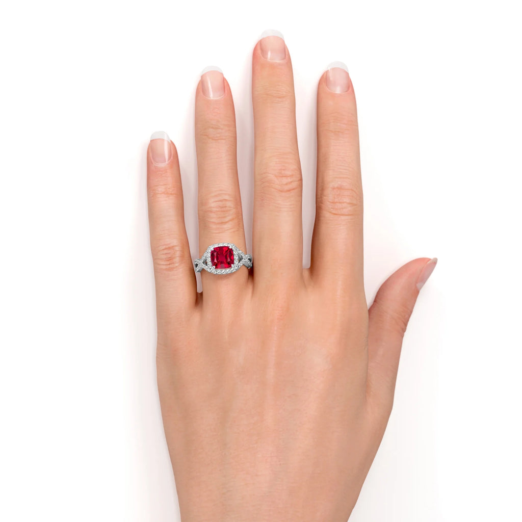 Cushion Cut Lab Created Ruby and Moissanite Crossover Pave Engagement Ring N648
