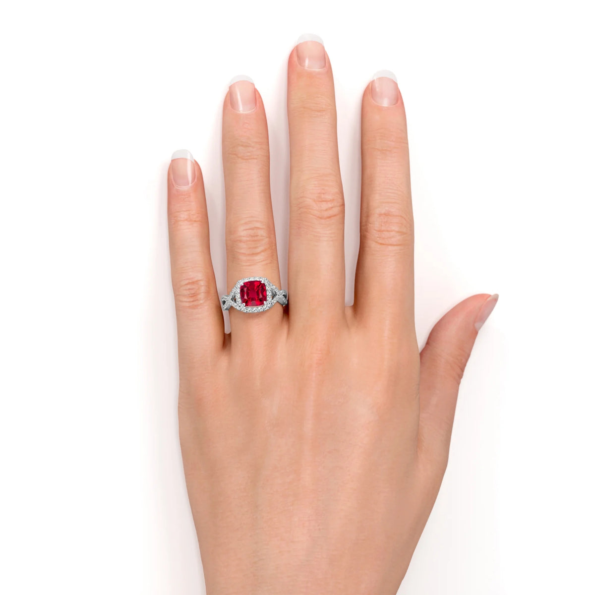 Cushion Cut Lab Created Ruby and Moissanite Crossover Pave Engagement Ring N648