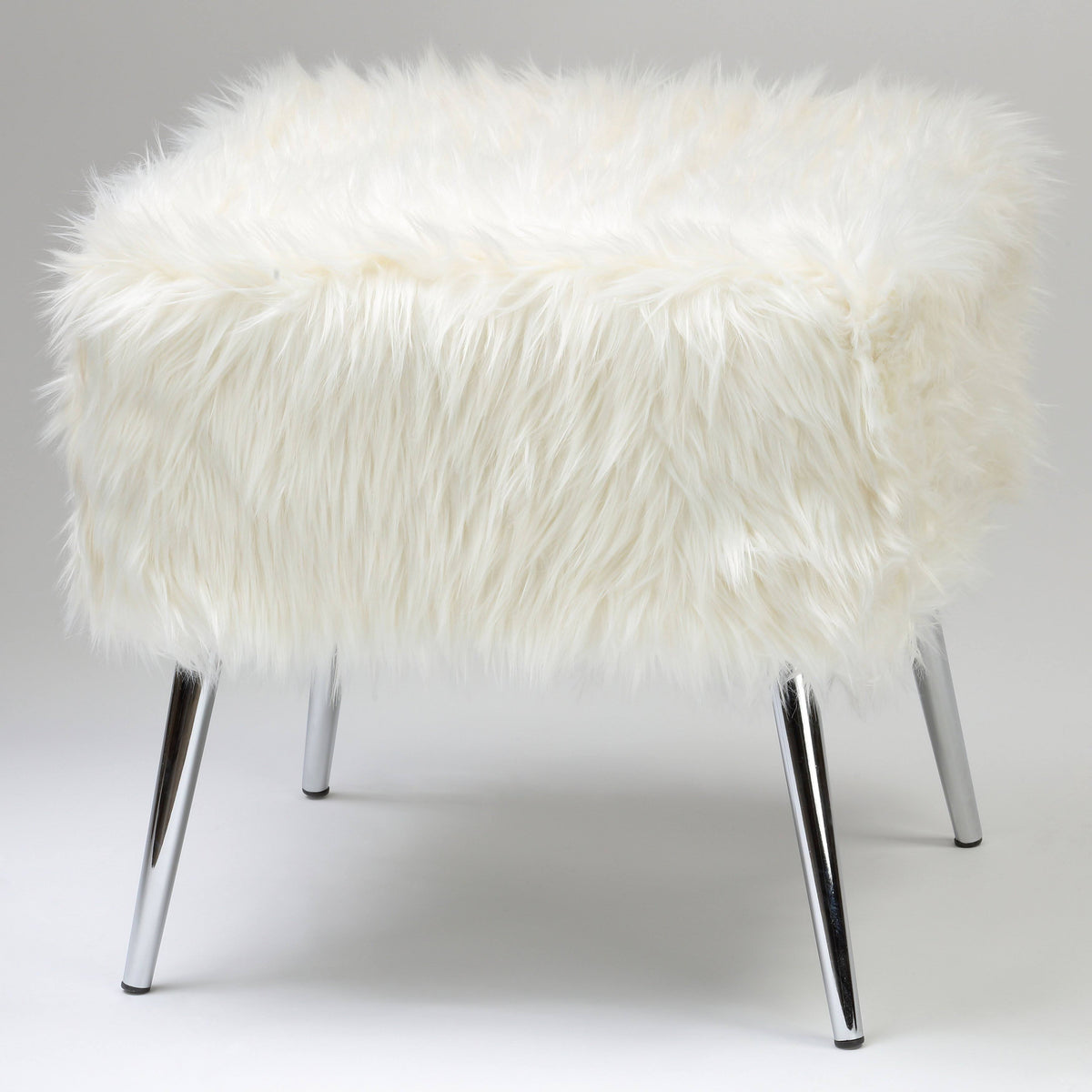 White Faux Fur Ottoman with Chrome Legs U735