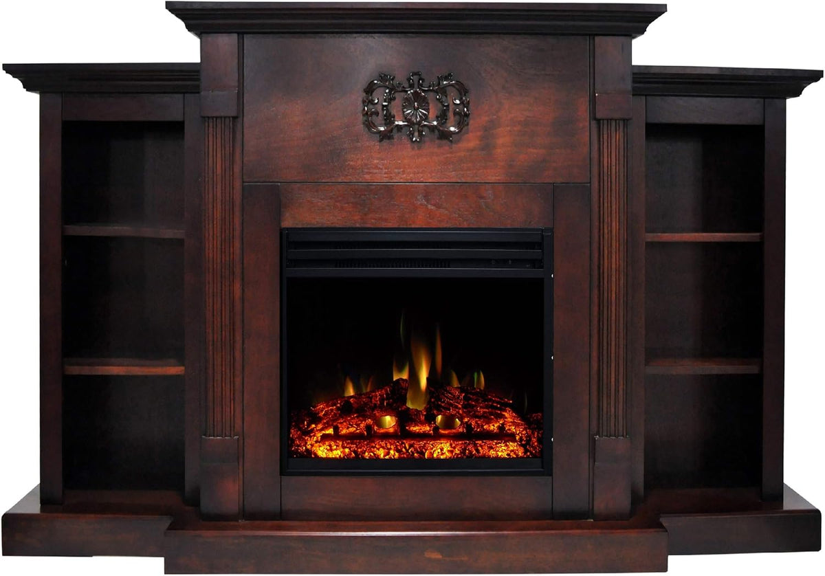 Electric Fireplace with Mahogany Mantel and Bookshelves P1136