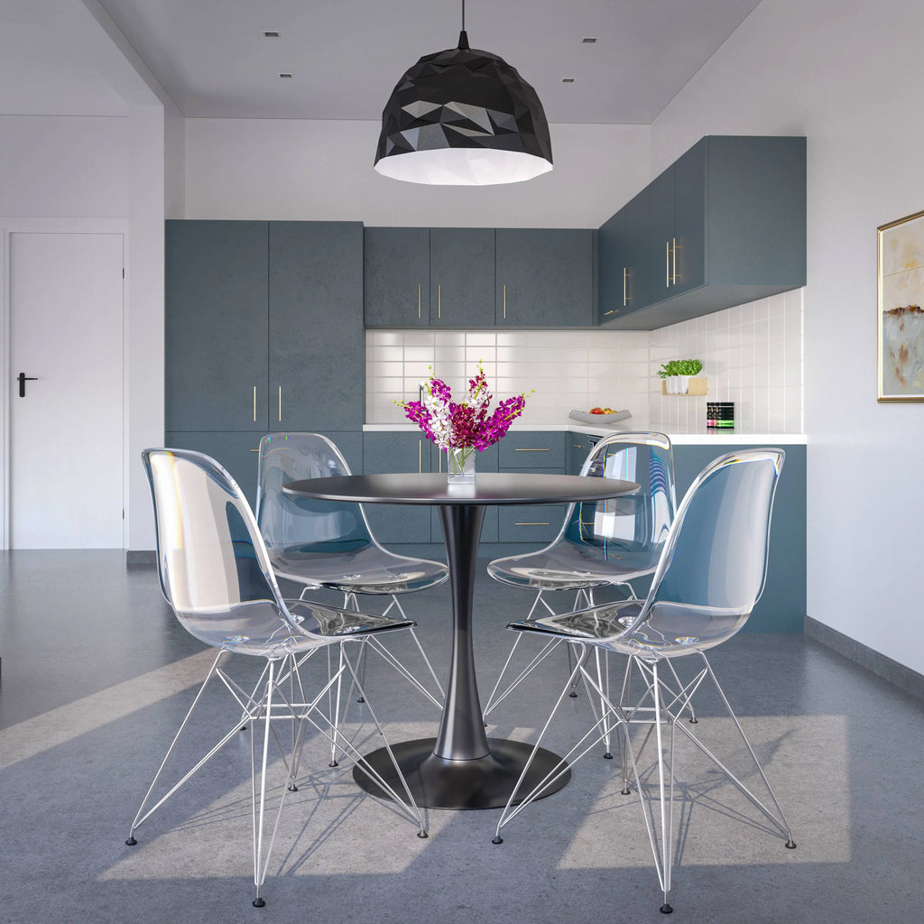 Black Round Dining Table with Wood Top and Iron Pedestal Base C6124