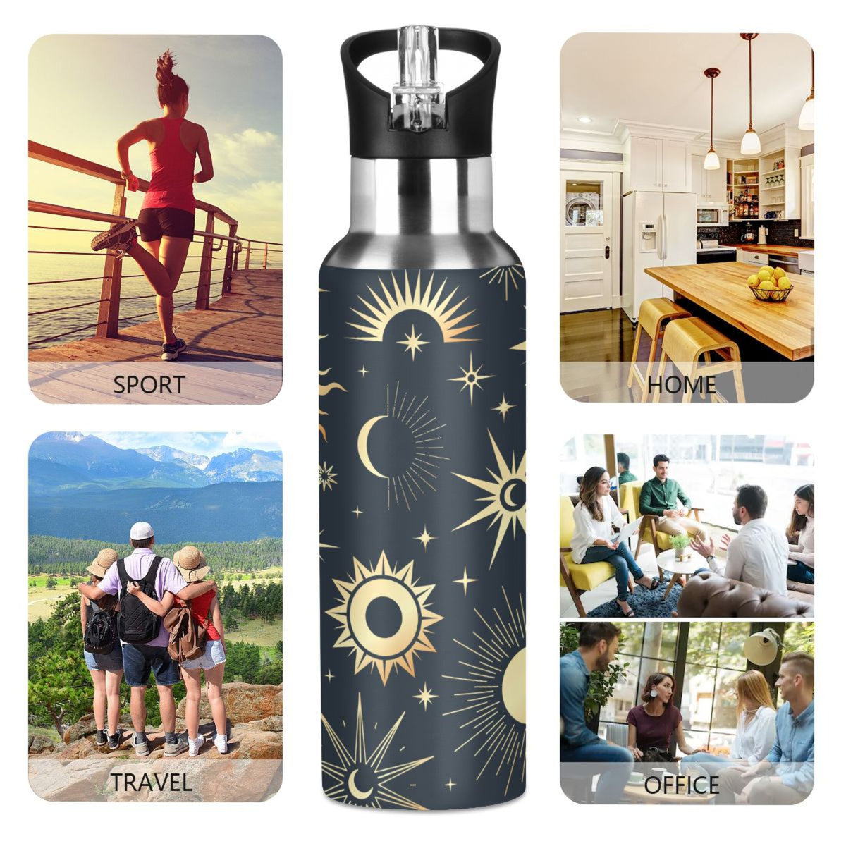 Gold Sun Moon Stars Stainless Steel Insulated Water Bottle Z15211
