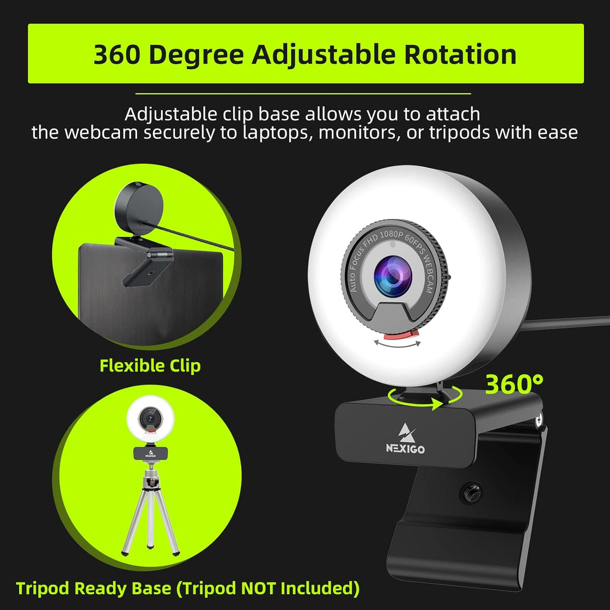 1080P 60FPS Webcam with Light, Fast AutoFocus, Built-in Privacy Cover, Dual Stereo Microphone B631