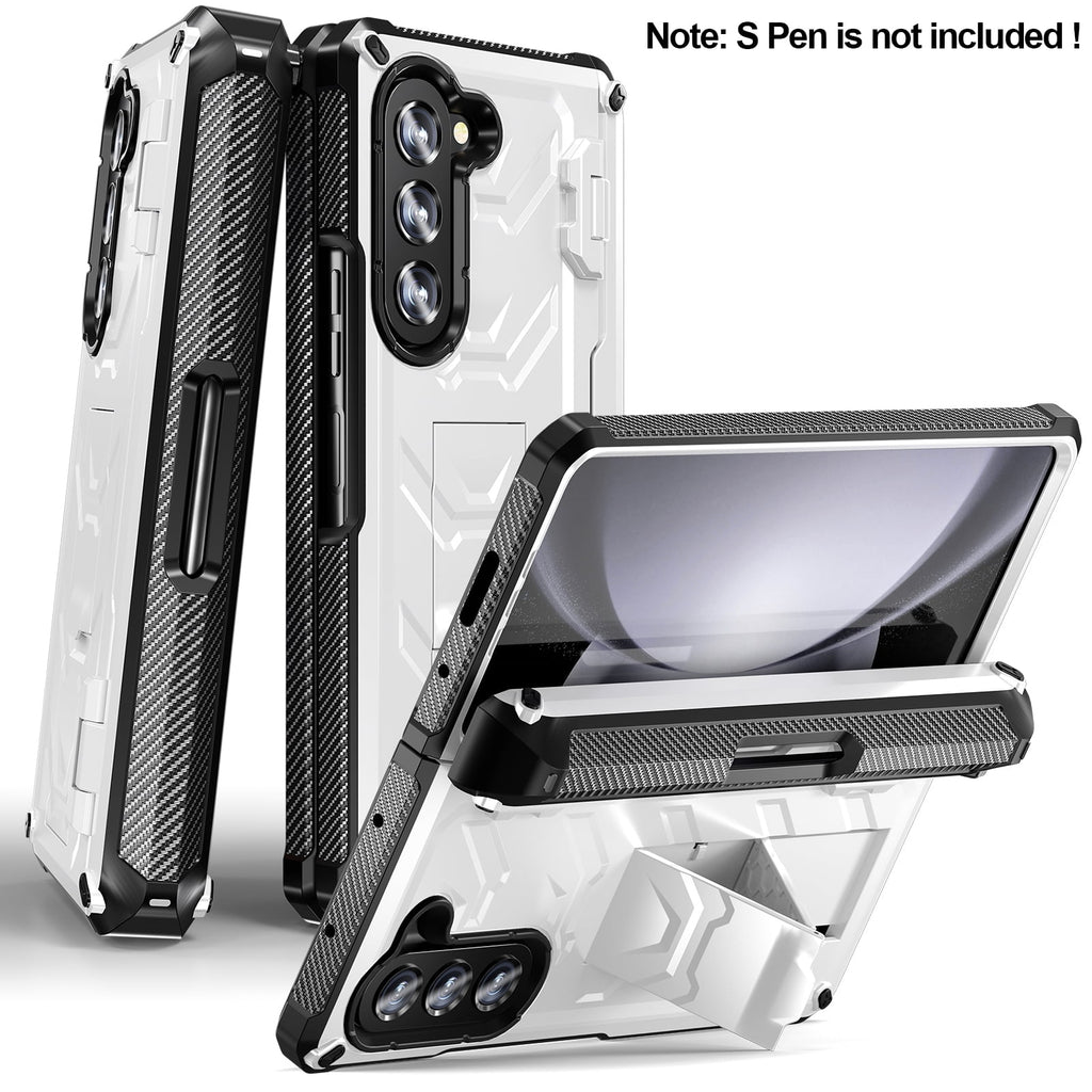 White Rugged Full Body Case with Built-in Glass Screen Protector Hinge Protection Hidden Kickstand Pen Slot Shockproof Armor Case X274