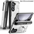 White Rugged Full Body Case with Built-in Glass Screen Protector Hinge Protection Hidden Kickstand Pen Slot Shockproof Armor Case X274