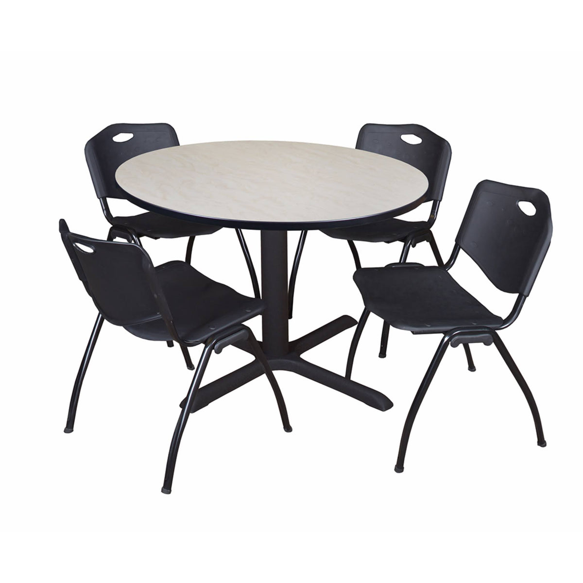 Maple Round Breakroom Table with 4 Grey Stack Chairs E225