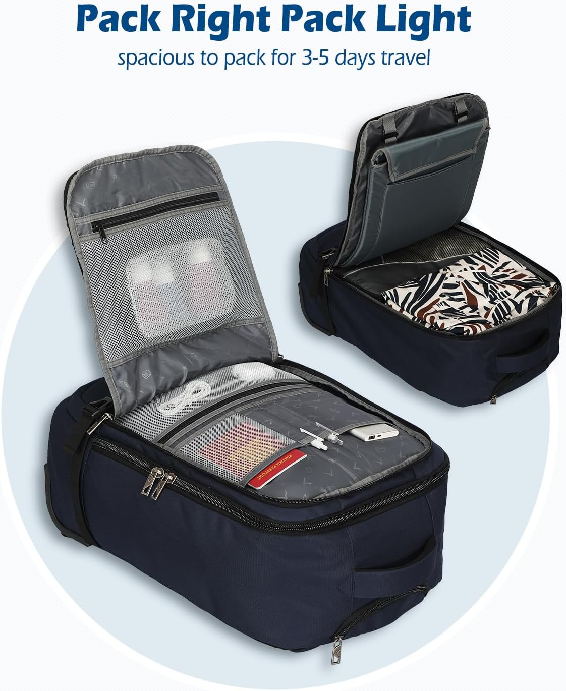 42L Rolling Backpack Navy Blue with Grey O7744